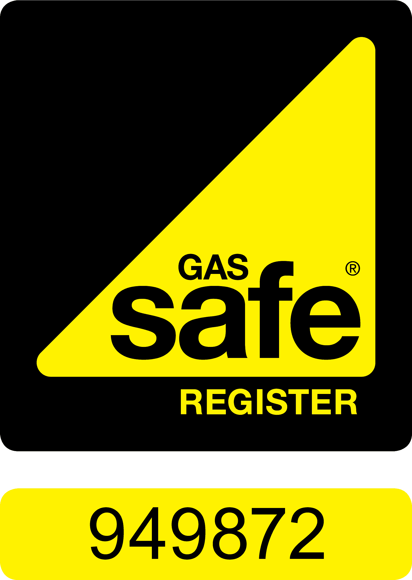 Yellow Gas Safe Register logo with registration number.