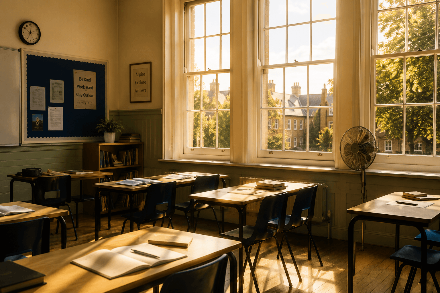 Sunlit empty British school classroom with wooden desks